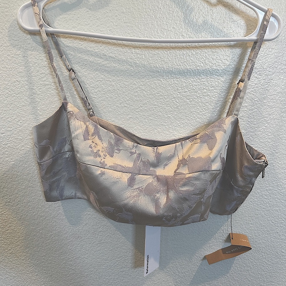 Reformation Gray and Purple Satin Amery cropped top in moonlight floral. Sz 8